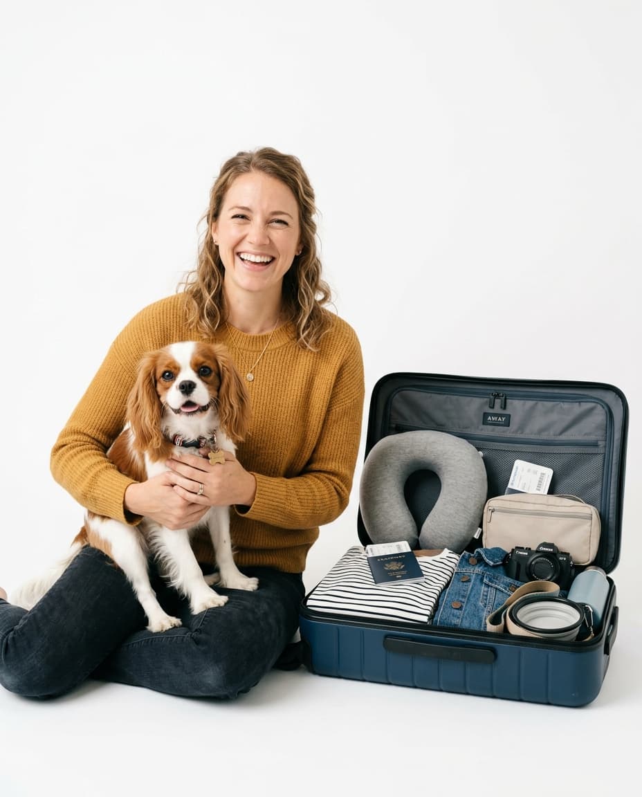 Happy pet parent preparing to travel with their dog
